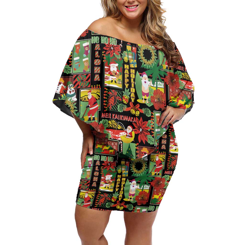 Hawaiian Santa Christmas Pattern Off Shoulder Short Dress Black Version - Polynesian Pride