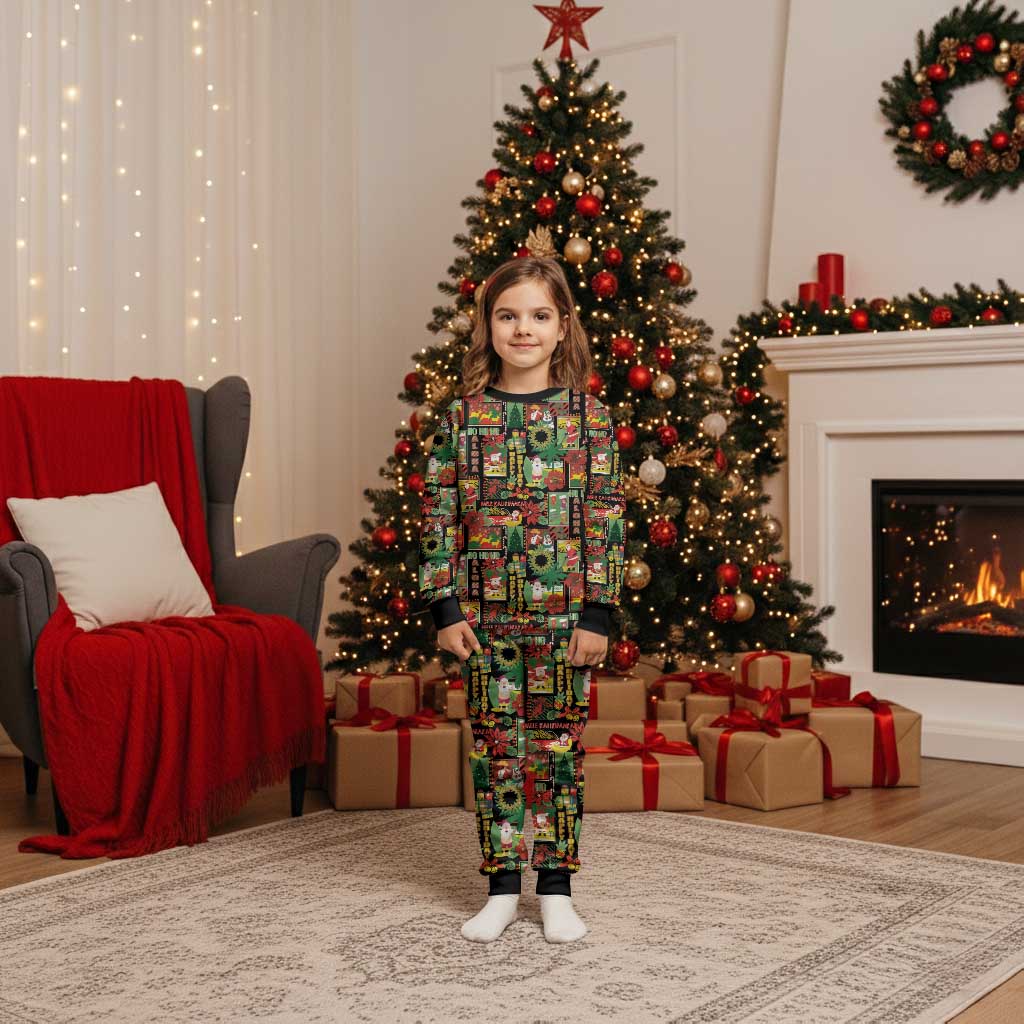Hawaiian Santa Christmas Pattern Christmas Pajama Set Black Version - Polynesian Pride