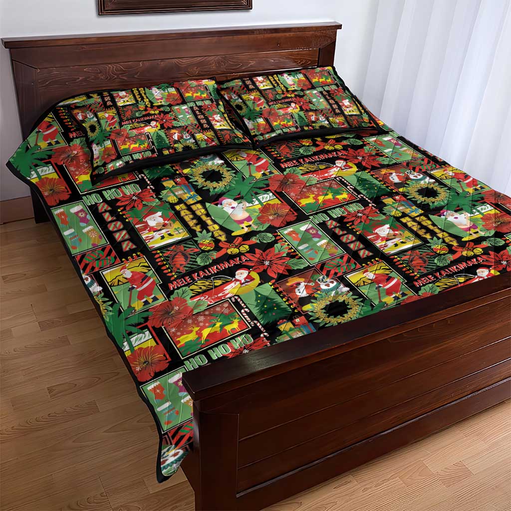 Hawaiian Santa Christmas Pattern Quilt Bed Set Black Version - Polynesian Pride