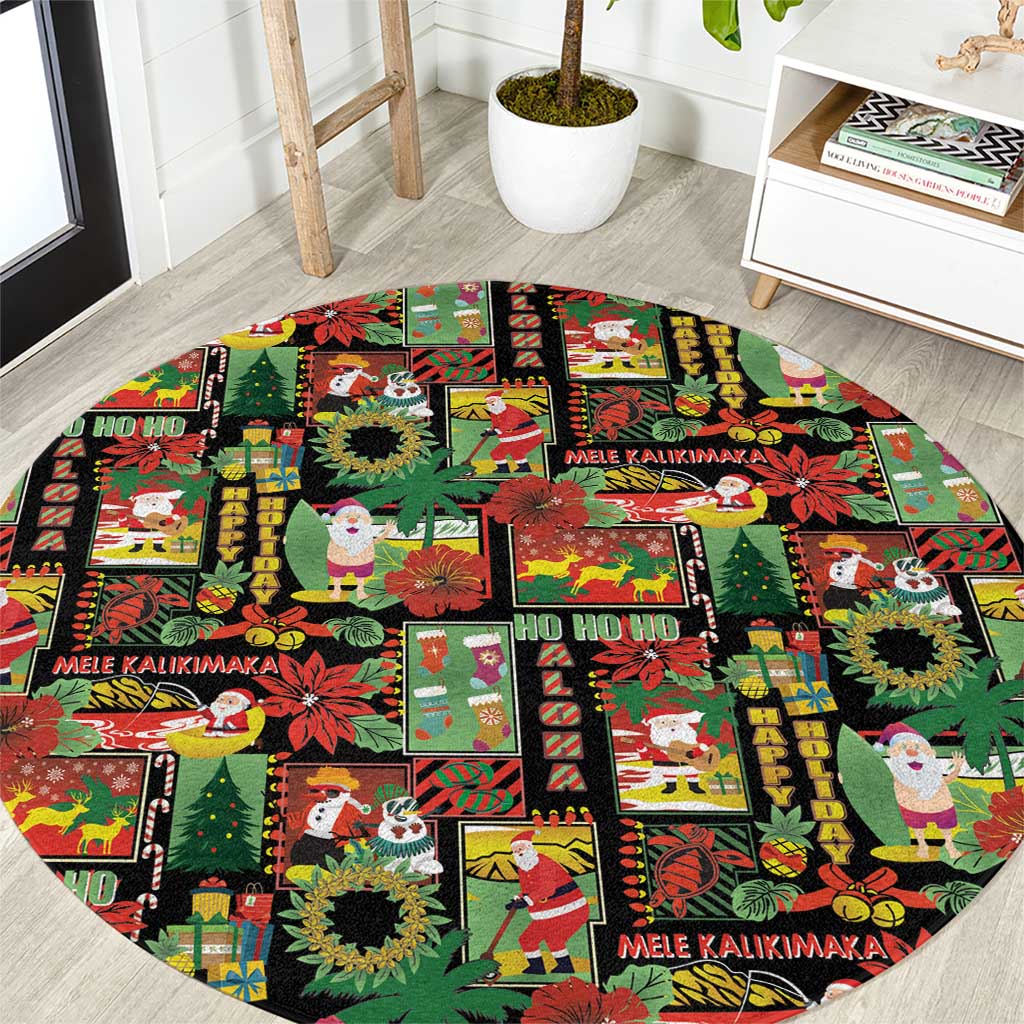 Hawaiian Santa Christmas Pattern Round Carpet Black Version - Polynesian Pride