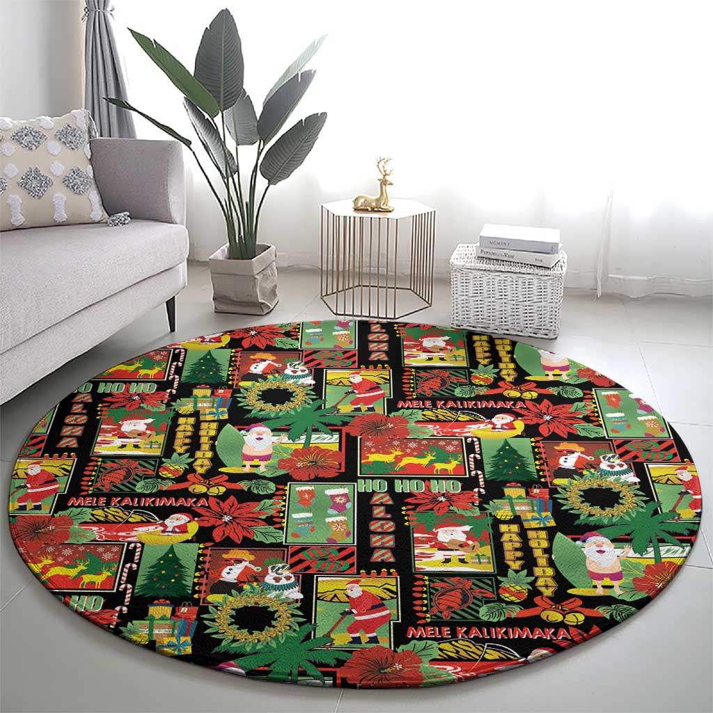 Hawaiian Santa Christmas Pattern Round Carpet Black Version - Polynesian Pride