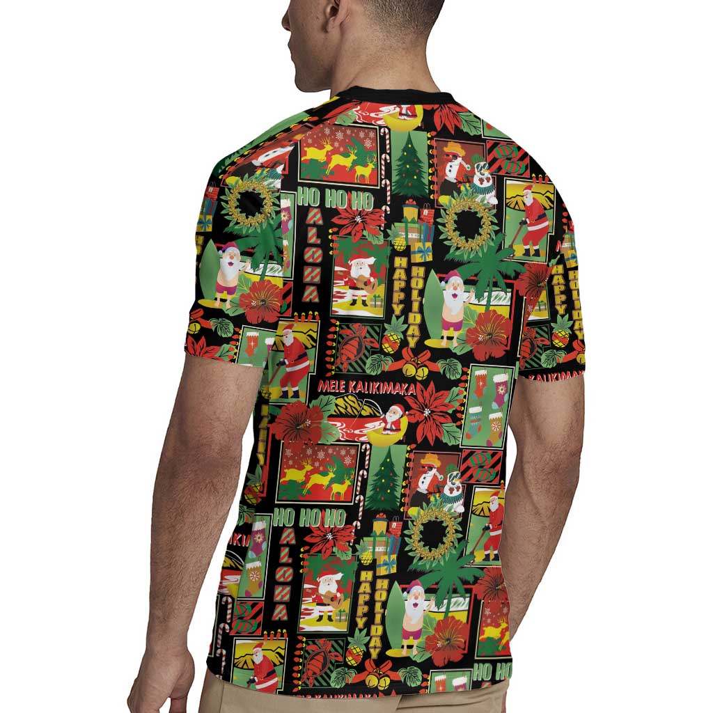 Hawaiian Santa Christmas Pattern Rugby Jersey Black Version - Polynesian Pride