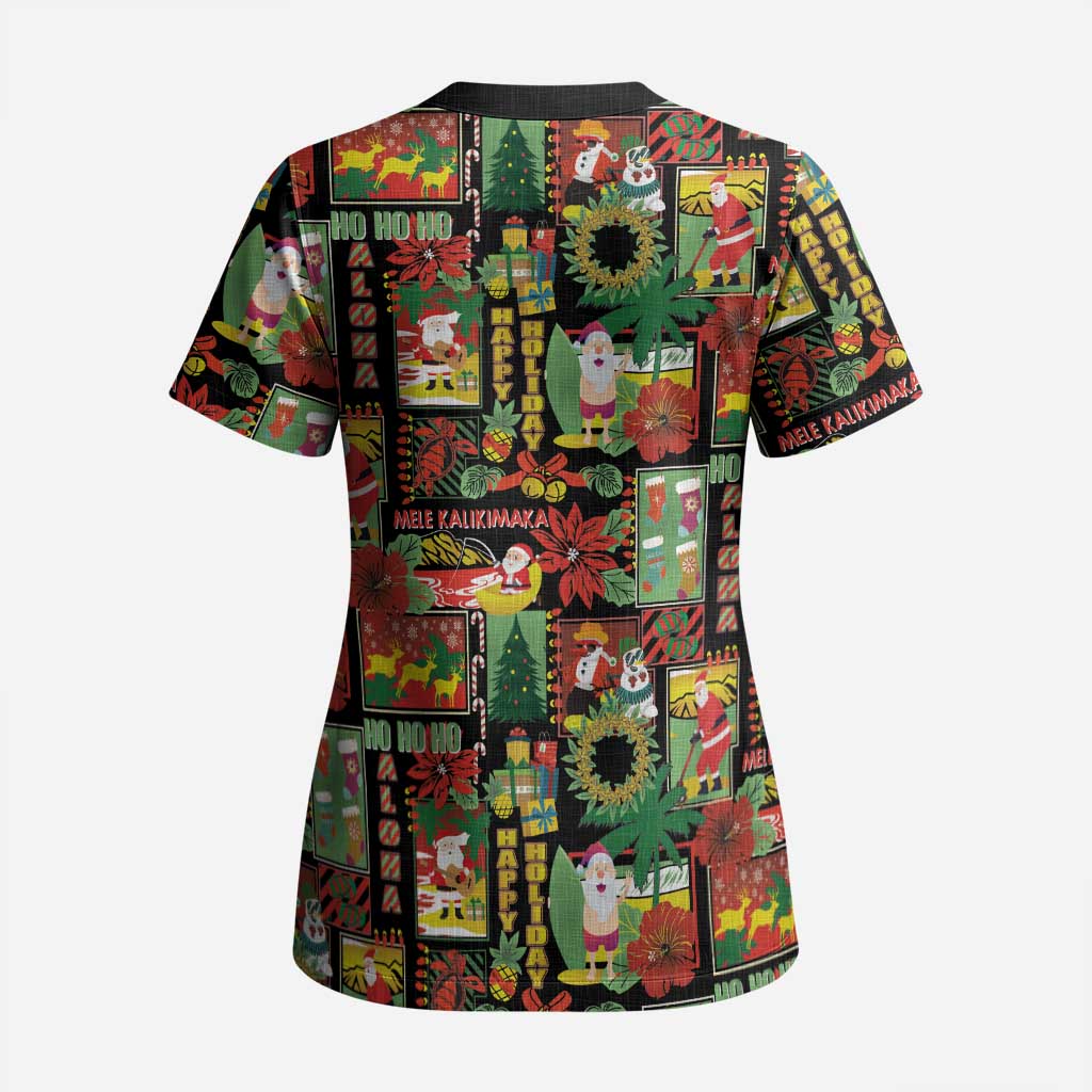 Hawaiian Santa Christmas Pattern Scrub Top Black Version - Polynesian Pride