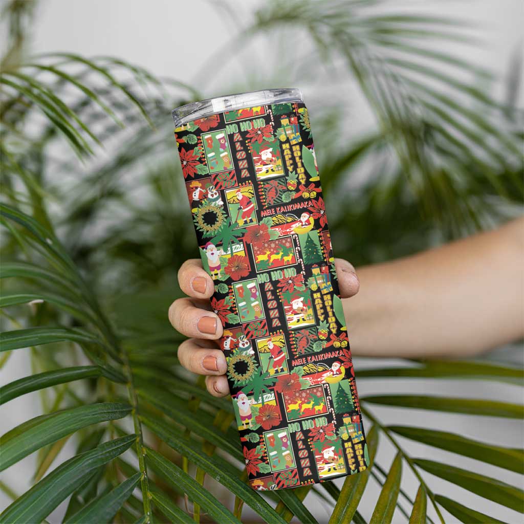 Hawaiian Santa Christmas Pattern Skinny Tumbler Black Version - Polynesian Pride