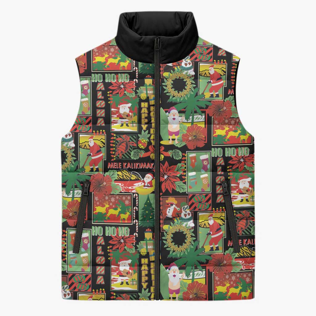 Hawaiian Santa Christmas Pattern Sleeveless Puffer Jacket Black Version - Polynesian Pride