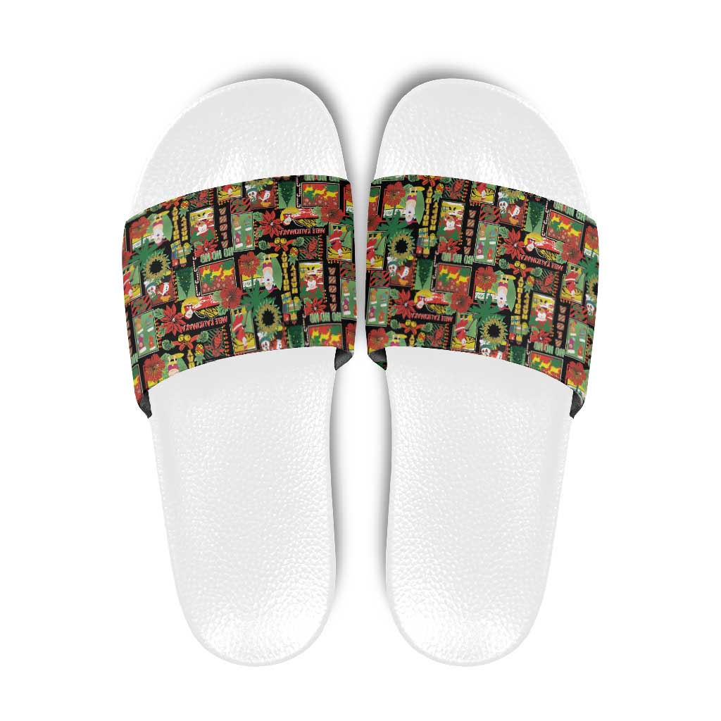 Hawaiian Santa Christmas Pattern Slide Sandals Black Version - Polynesian Pride