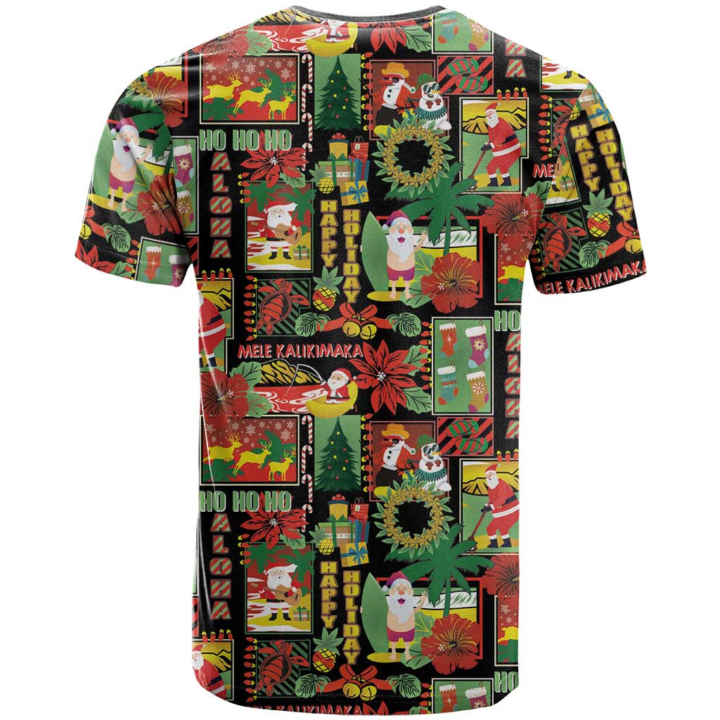 Hawaiian Santa Christmas Pattern T Shirt Black Version - Polynesian Pride