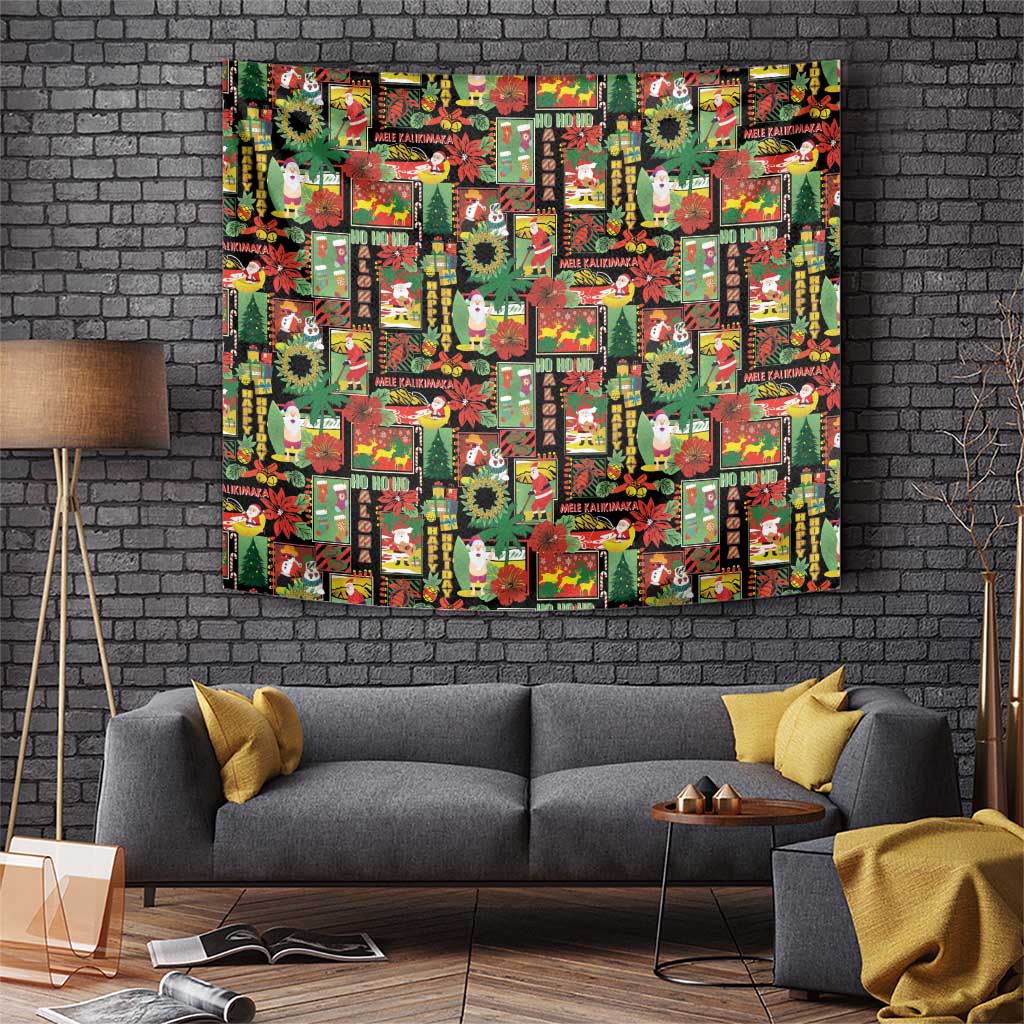 Hawaiian Santa Christmas Pattern Tapestry Black Version - Polynesian Pride