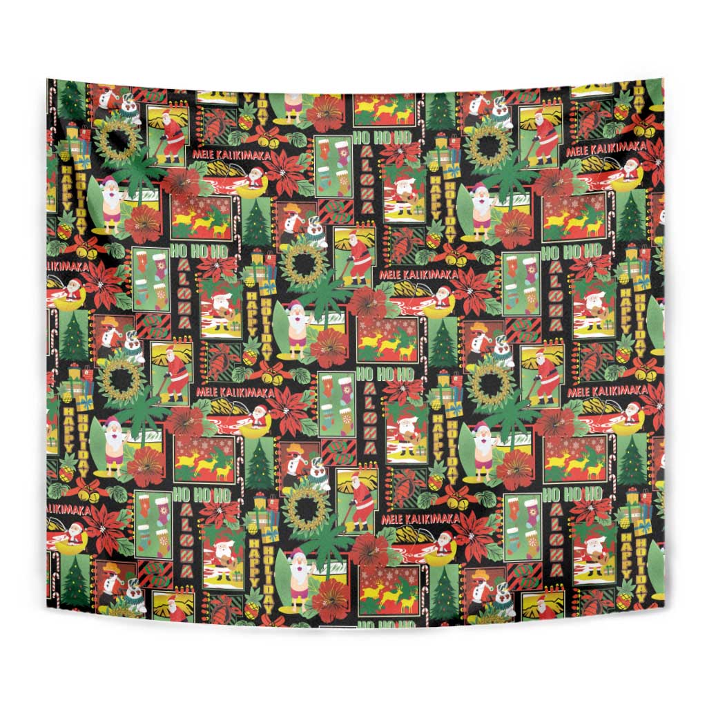 Hawaiian Santa Christmas Pattern Tapestry Black Version - Polynesian Pride