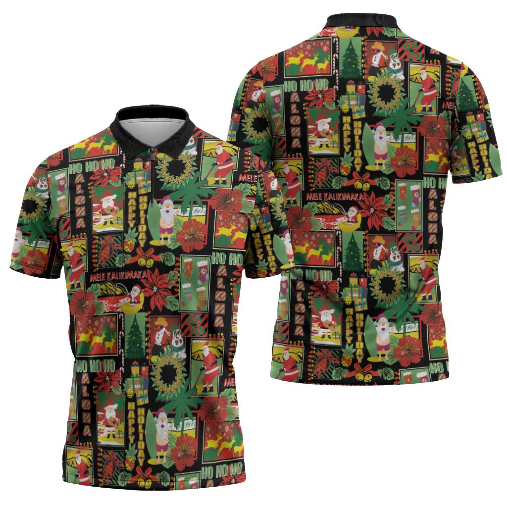 Hawaiian Santa Christmas Pattern Zipper Polo Shirt Black Version - Polynesian Pride