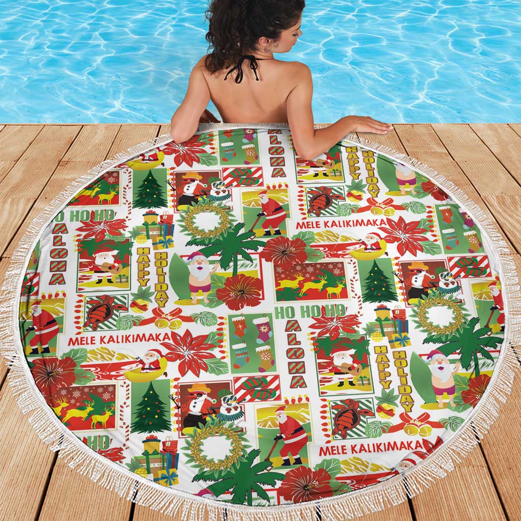 Hawaiian Santa Christmas Pattern Beach Blanket White Version - Polynesian Pride