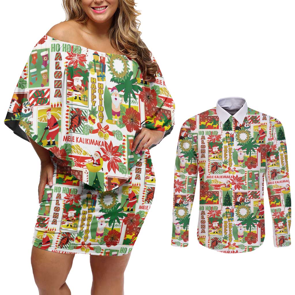 Hawaiian Santa Christmas Pattern Couples Matching Off Shoulder Short Dress and Long Sleeve Button Shirt White Version - Polynesian Pride