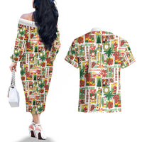 Hawaiian Santa Christmas Pattern Couples Matching Off The Shoulder Long Sleeve Dress and Hawaiian Shirt White Version - Polynesian Pride