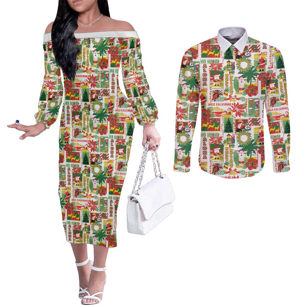 Hawaiian Santa Christmas Pattern Couples Matching Off The Shoulder Long Sleeve Dress and Long Sleeve Button Shirt White Version - Polynesian Pride