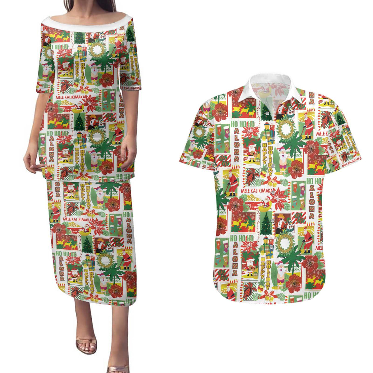 Hawaiian Santa Christmas Pattern Couples Matching Puletasi and Hawaiian Shirt White Version LT01 Red - Polynesian Pride