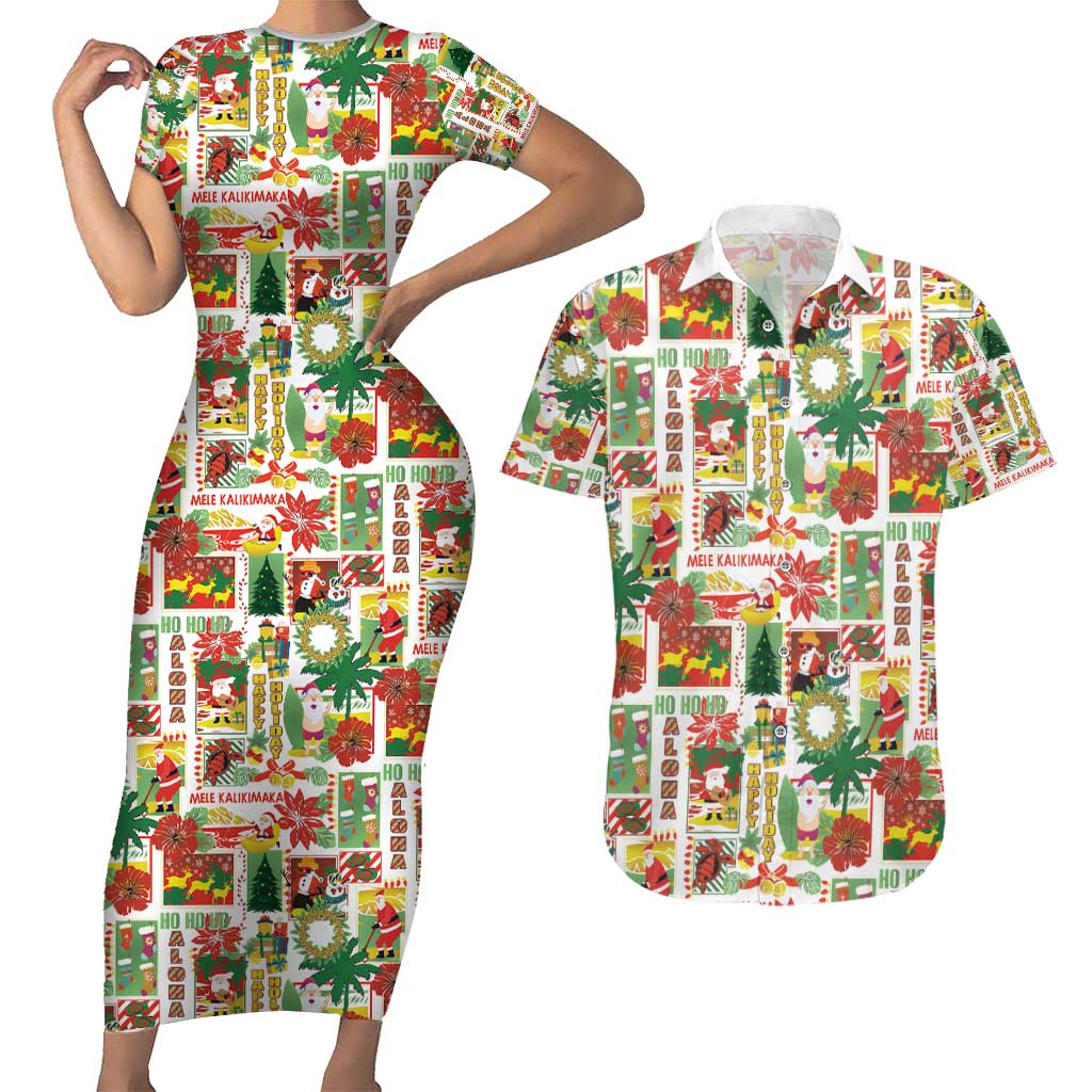 Hawaiian Santa Christmas Pattern Couples Matching Short Sleeve Bodycon Dress and Hawaiian Shirt White Version - Polynesian Pride