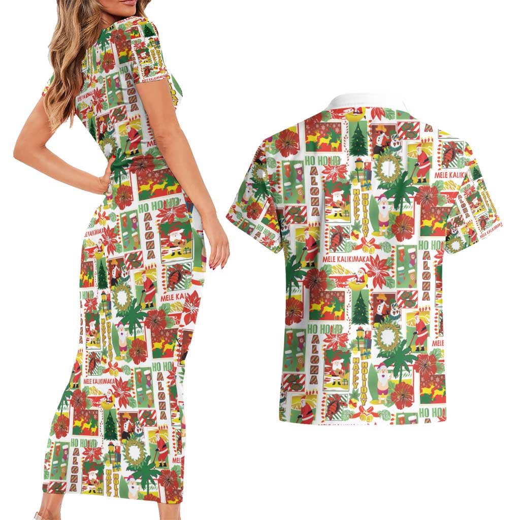Hawaiian Santa Christmas Pattern Couples Matching Short Sleeve Bodycon Dress and Hawaiian Shirt White Version - Polynesian Pride