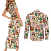 Hawaiian Santa Christmas Pattern Couples Matching Short Sleeve Bodycon Dress and Long Sleeve Button Shirt White Version - Polynesian Pride