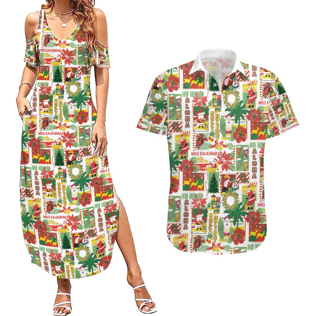 Hawaiian Santa Christmas Pattern Couples Matching Summer Maxi Dress and Hawaiian Shirt White Version - Polynesian Pride