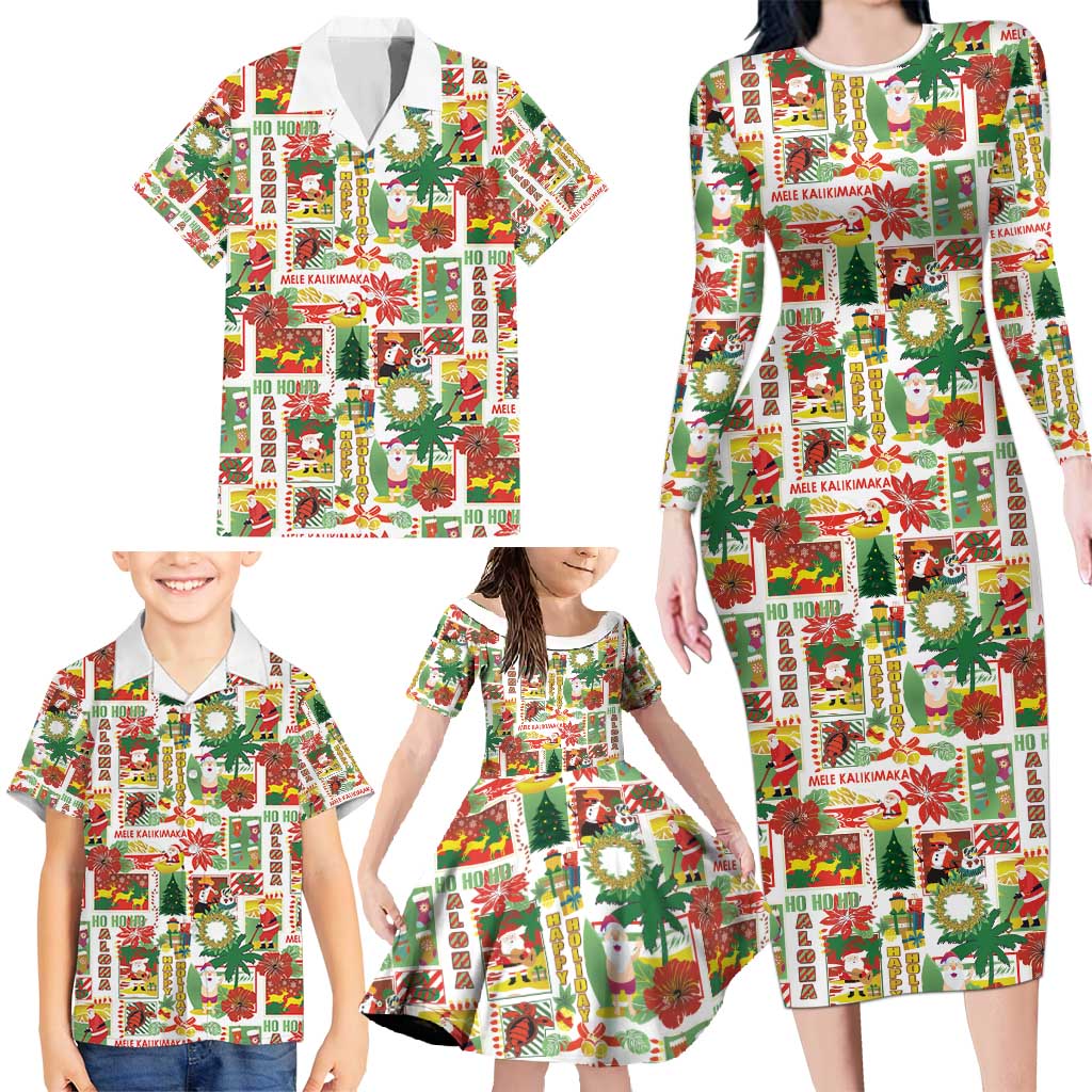 Hawaiian Santa Christmas Pattern Family Matching Long Sleeve Bodycon Dress and Hawaiian Shirt White Version - Polynesian Pride