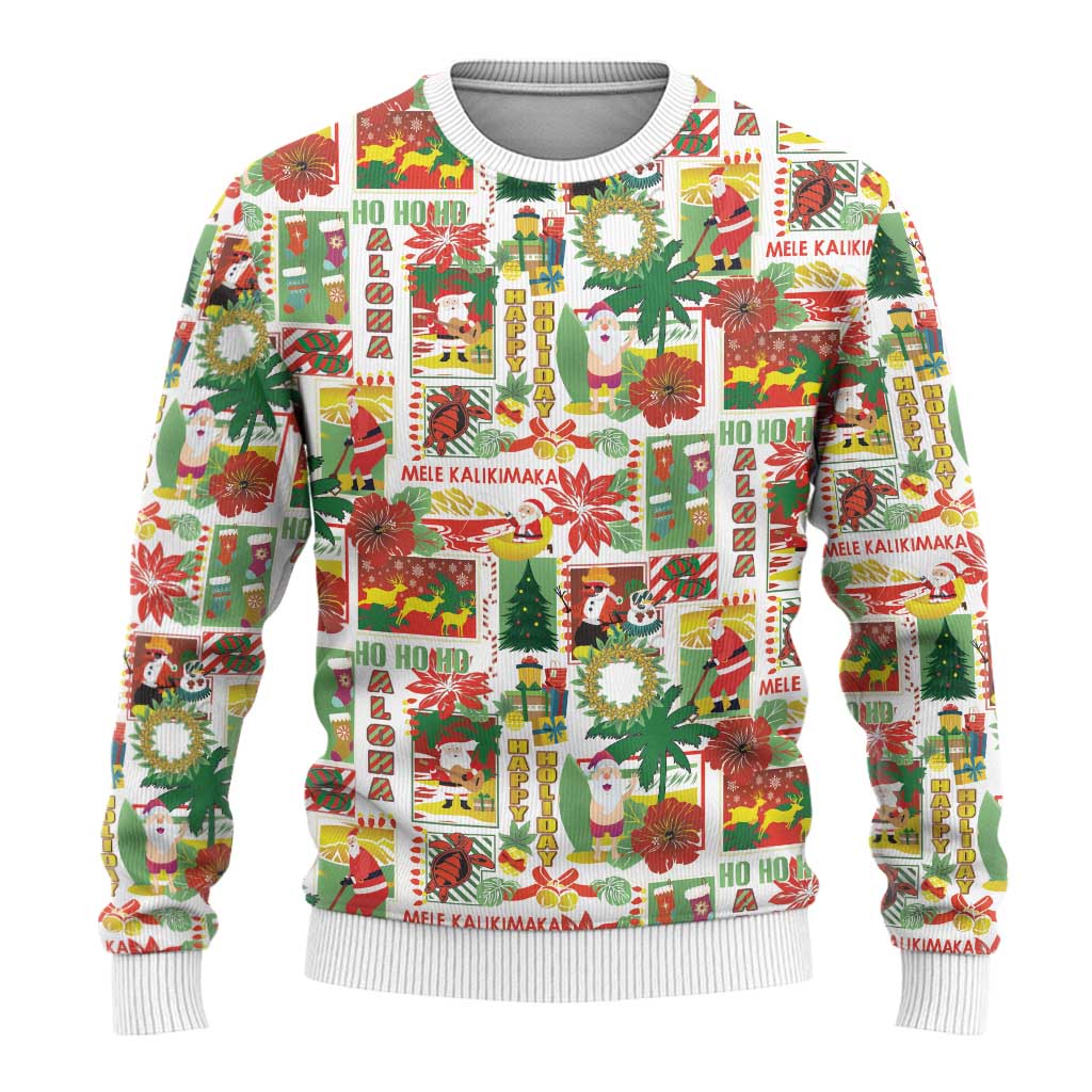 Hawaiian Santa Christmas Pattern Ugly Christmas Sweater White Version - Polynesian Pride