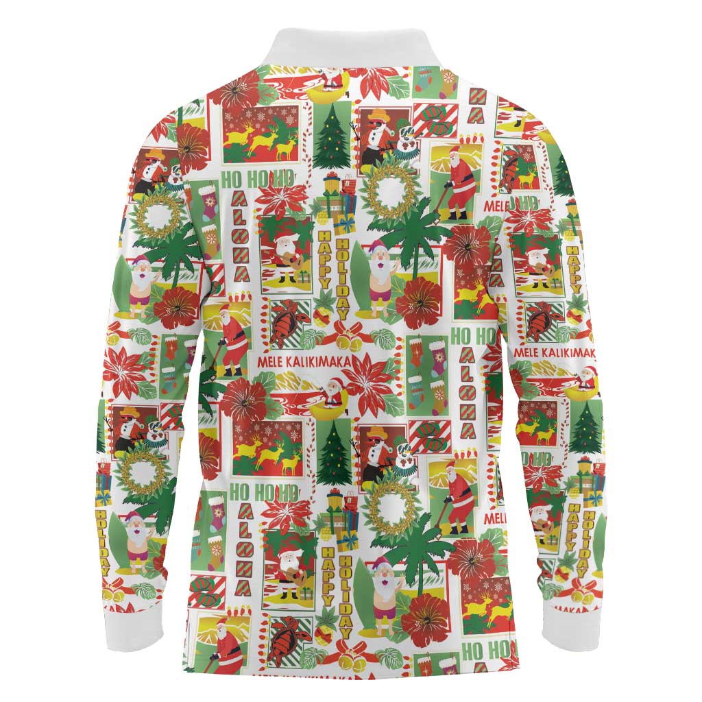Hawaiian Santa Christmas Pattern Long Sleeve Polo Shirt White Version - Polynesian Pride