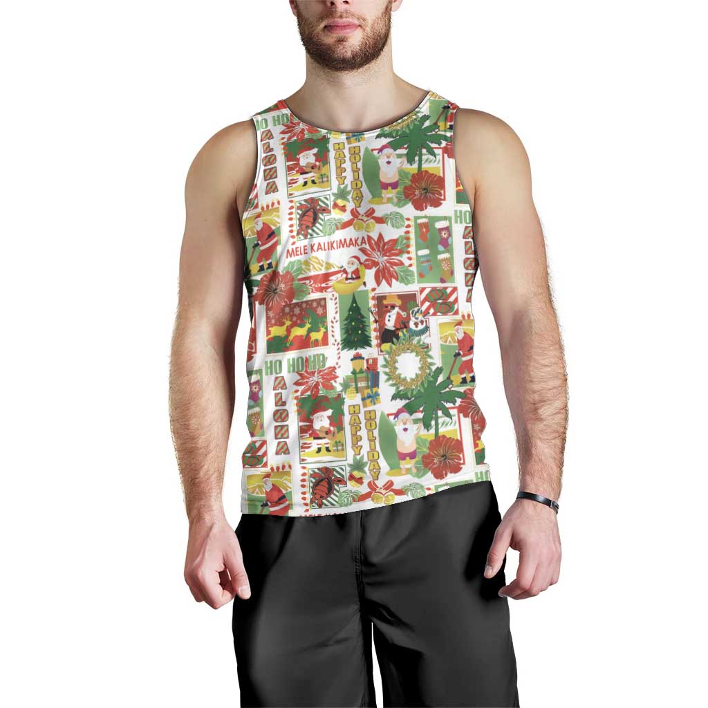 Hawaiian Santa Christmas Pattern Men Tank Top White Version - Polynesian Pride