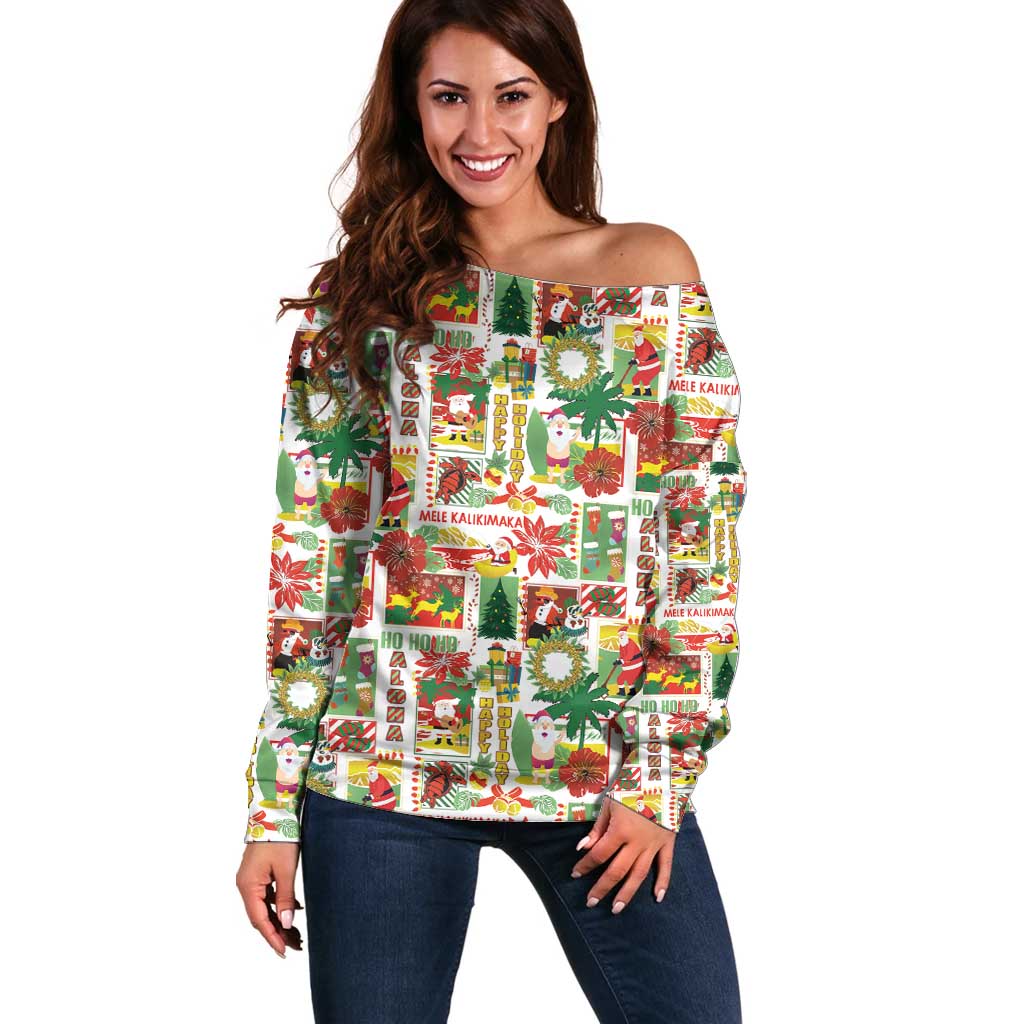 Hawaiian Santa Christmas Pattern Off Shoulder Sweater White Version - Polynesian Pride