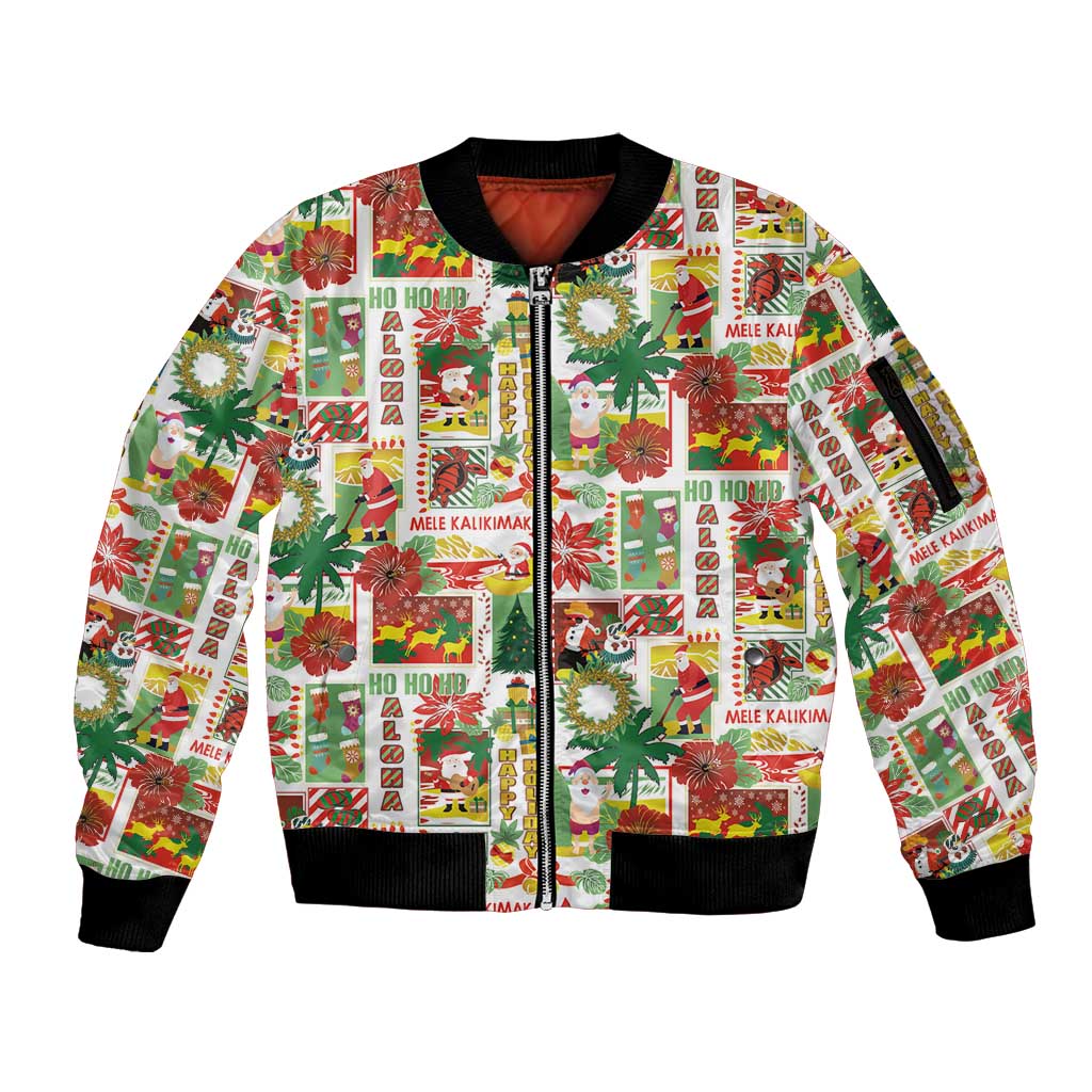Hawaiian Santa Christmas Pattern Sleeve Zip Bomber Jacket White Version - Polynesian Pride