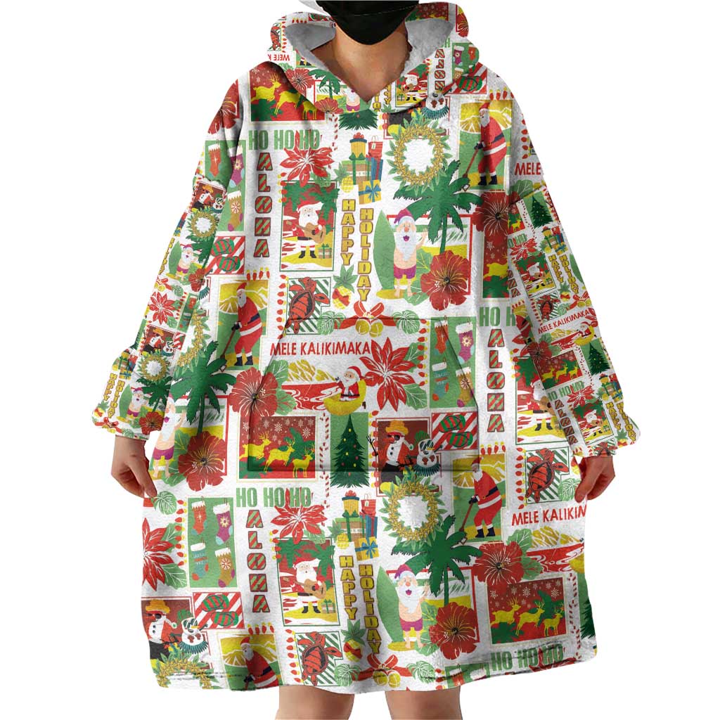 Hawaiian Santa Christmas Pattern Wearable Blanket Hoodie White Version - Polynesian Pride