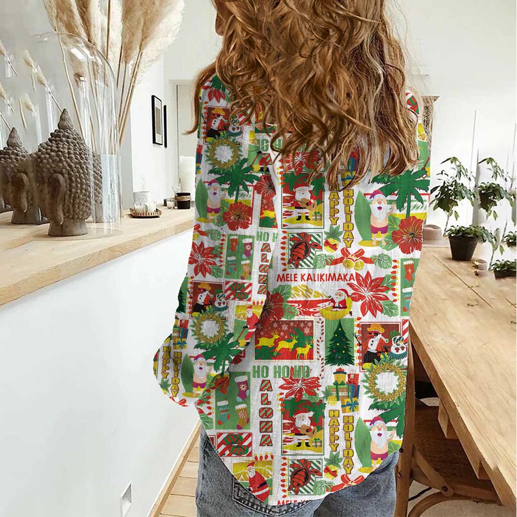 Hawaiian Santa Christmas Pattern Women Casual Shirt White Version - Polynesian Pride