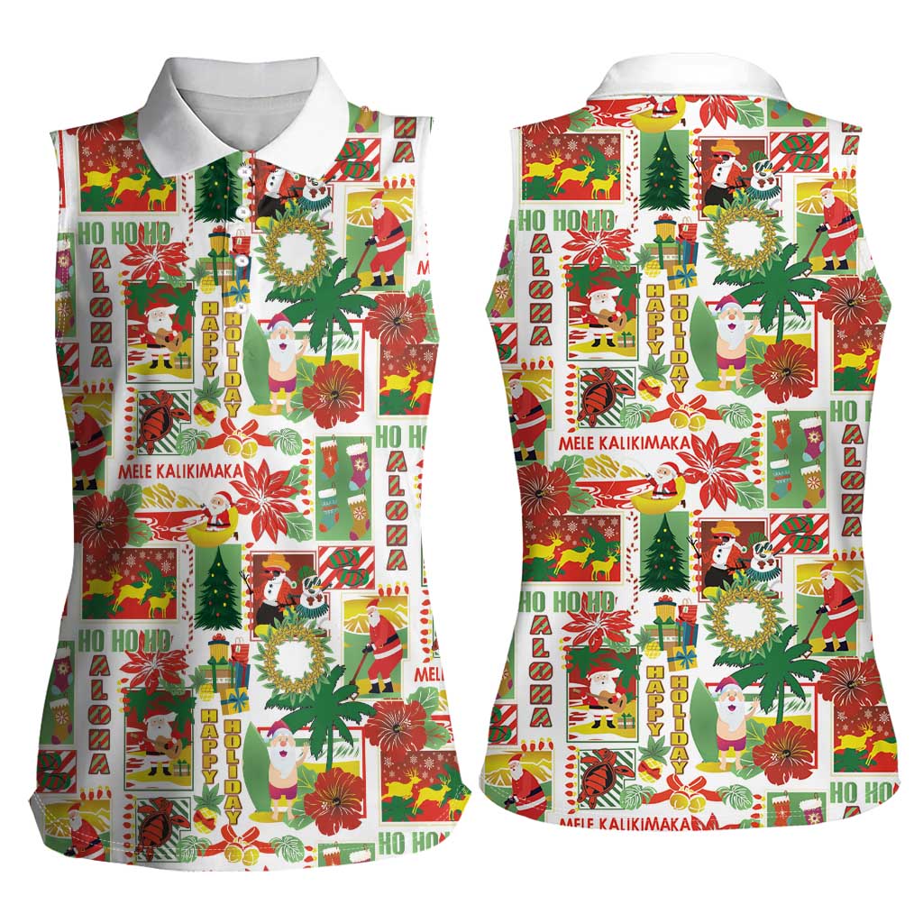 Hawaiian Santa Christmas Pattern Women Sleeveless Polo Shirt White Version - Polynesian Pride