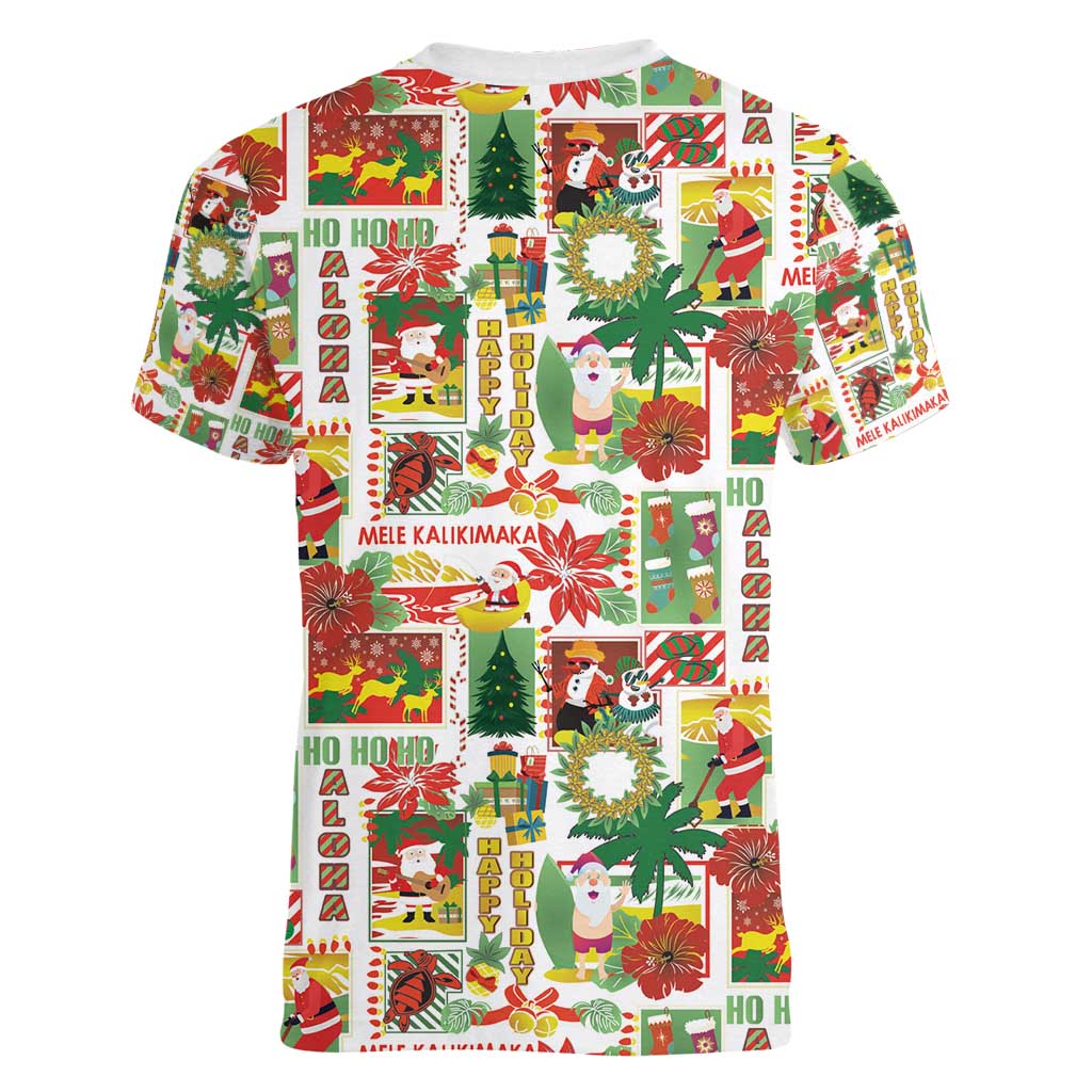 Hawaiian Santa Christmas Pattern Women V-Neck T-Shirt White Version - Polynesian Pride