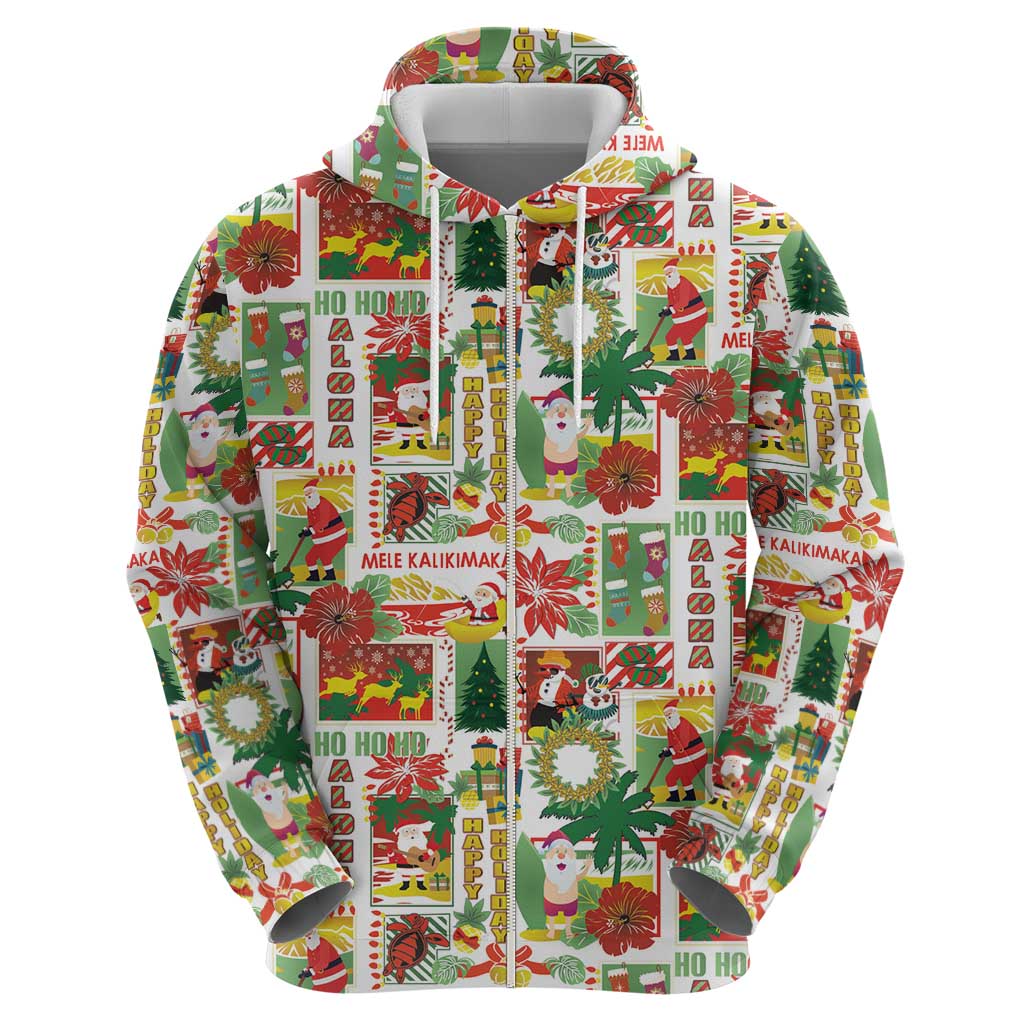 Hawaiian Santa Christmas Pattern Zip Hoodie White Version - Polynesian Pride