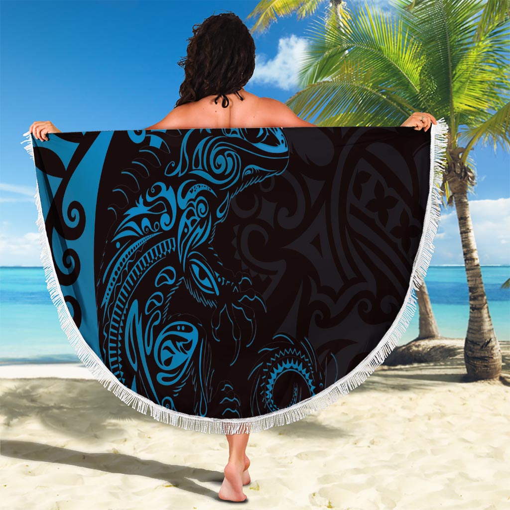 New Zealand Tuatara Plumeria Beach Blanket Maori Blue Koru Tribal Tattoo