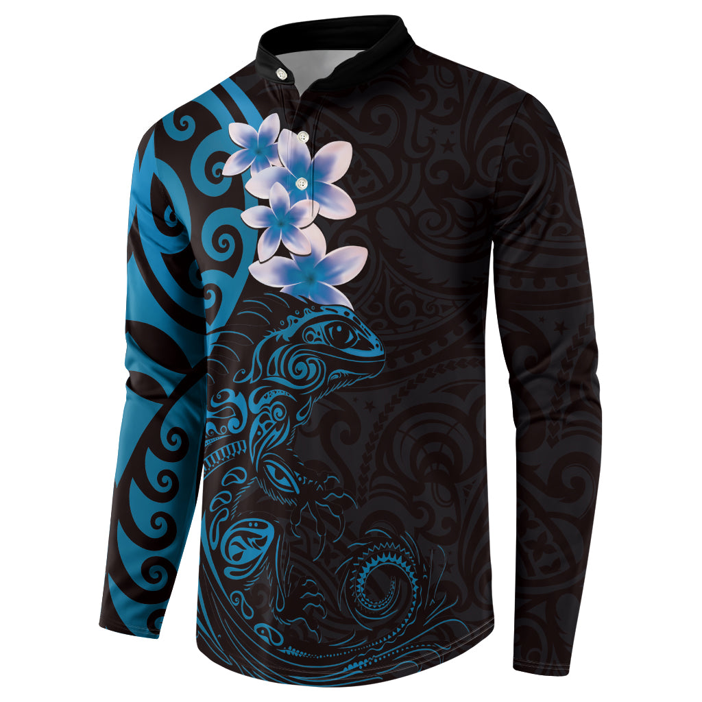 New Zealand Tuatara Plumeria Button Sweatshirt Maori Blue Koru Tribal Tattoo LT01 - Polynesian Pride