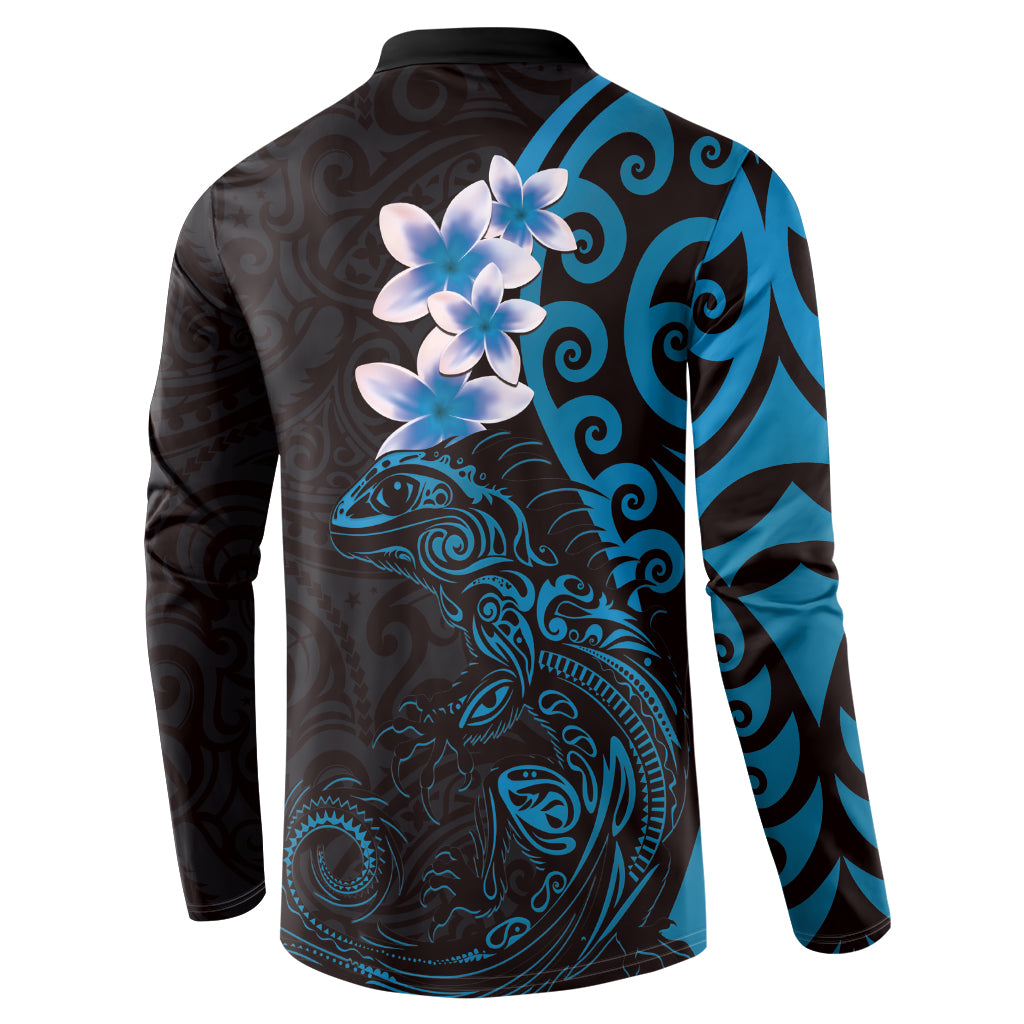 New Zealand Tuatara Plumeria Button Sweatshirt Maori Blue Koru Tribal Tattoo LT01 - Polynesian Pride