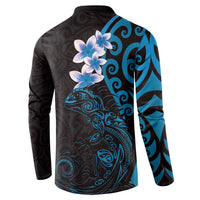 New Zealand Tuatara Plumeria Button Sweatshirt Maori Blue Koru Tribal Tattoo LT01 - Polynesian Pride