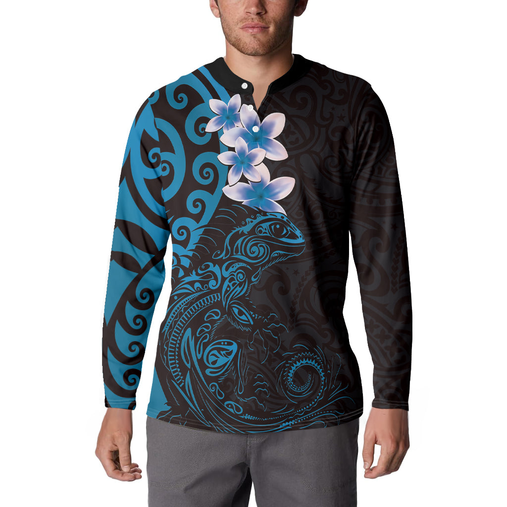 New Zealand Tuatara Plumeria Button Sweatshirt Maori Blue Koru Tribal Tattoo LT01 - Polynesian Pride