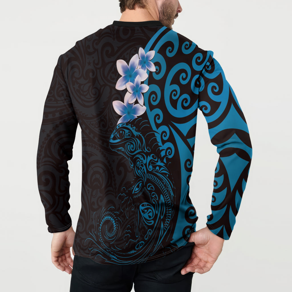 New Zealand Tuatara Plumeria Button Sweatshirt Maori Blue Koru Tribal Tattoo LT01 - Polynesian Pride