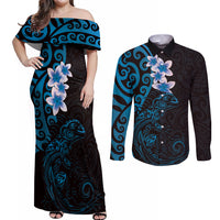 New Zealand Tuatara Plumeria Couples Matching Off Shoulder Maxi Dress and Long Sleeve Button Shirt Maori Blue Koru Tribal Tattoo LT01 Blue - Polynesian Pride