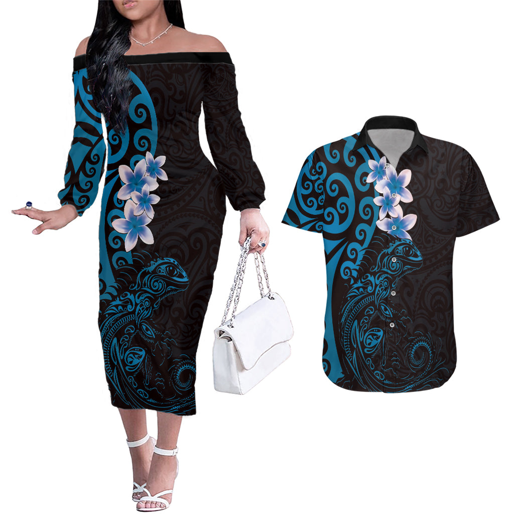 New Zealand Tuatara Plumeria Couples Matching Off The Shoulder Long Sleeve Dress and Hawaiian Shirt Maori Blue Koru Tribal Tattoo