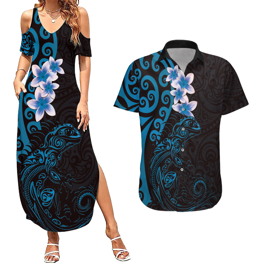 New Zealand Tuatara Plumeria Couples Matching Summer Maxi Dress and Hawaiian Shirt Maori Blue Koru Tribal Tattoo LT01 Blue - Polynesian Pride