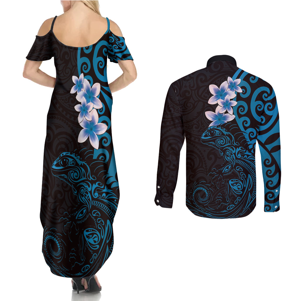 New Zealand Tuatara Plumeria Couples Matching Summer Maxi Dress and Long Sleeve Button Shirt Maori Blue Koru Tribal Tattoo LT01 - Polynesian Pride