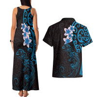 New Zealand Tuatara Plumeria Couples Matching Tank Maxi Dress and Hawaiian Shirt Maori Blue Koru Tribal Tattoo LT01 - Polynesian Pride