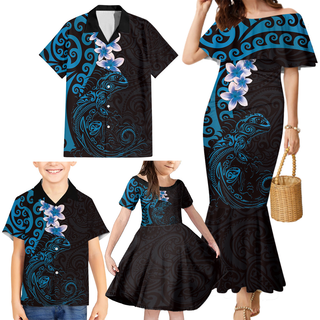New Zealand Tuatara Plumeria Family Matching Mermaid Dress and Hawaiian Shirt Maori Blue Koru Tribal Tattoo LT01 - Polynesian Pride