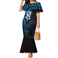 New Zealand Tuatara Plumeria Family Matching Mermaid Dress and Hawaiian Shirt Maori Blue Koru Tribal Tattoo LT01 Mom's Dress Blue - Polynesian Pride