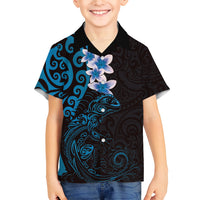 New Zealand Tuatara Plumeria Family Matching Off Shoulder Short Dress and Hawaiian Shirt Maori Blue Koru Tribal Tattoo LT01 Son's Shirt Blue - Polynesian Pride