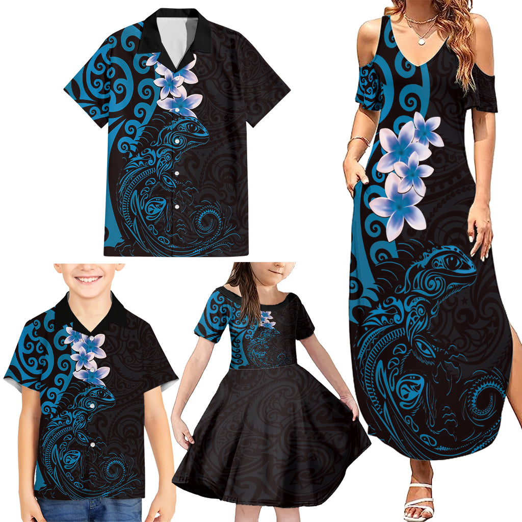 New Zealand Tuatara Plumeria Family Matching Summer Maxi Dress and Hawaiian Shirt Maori Blue Koru Tribal Tattoo LT01 - Polynesian Pride