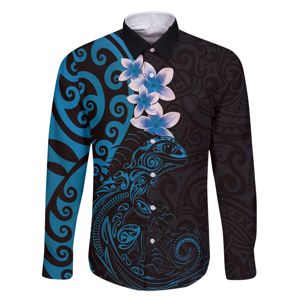 New Zealand Tuatara Plumeria Family Matching Summer Maxi Dress and Hawaiian Shirt Maori Blue Koru Tribal Tattoo LT01 Dad's Shirt - Long Sleeve Blue - Polynesian Pride
